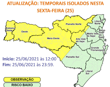 Regiões em amarelo estão em observação para temporais, associados a granizo, raios e vento forte – Foto: Defesa Civil de Santa Catarina/Divulgação/ND