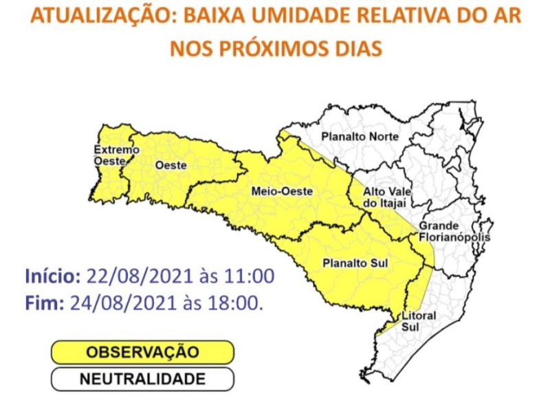 Mapa mostra as regiões do Oeste, Planalto Sul e parte do Planalto Norte, Alto Vale do Itajaí, Grande Florianópolis e Litoral Sul em amarelo