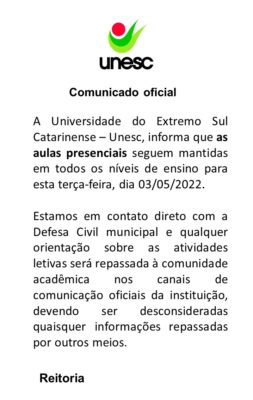 Aulas da Unesc mantidas nesta terça-feira