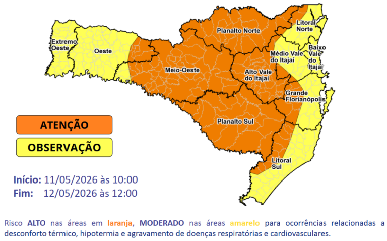 Defesa Civil de SC emite alerta de frio intenso no início da semana