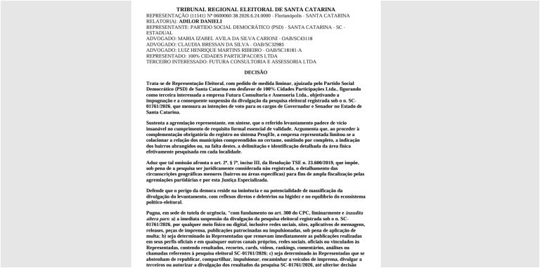 TRE suspende pesquisa eleitoral para governador e senador em SC