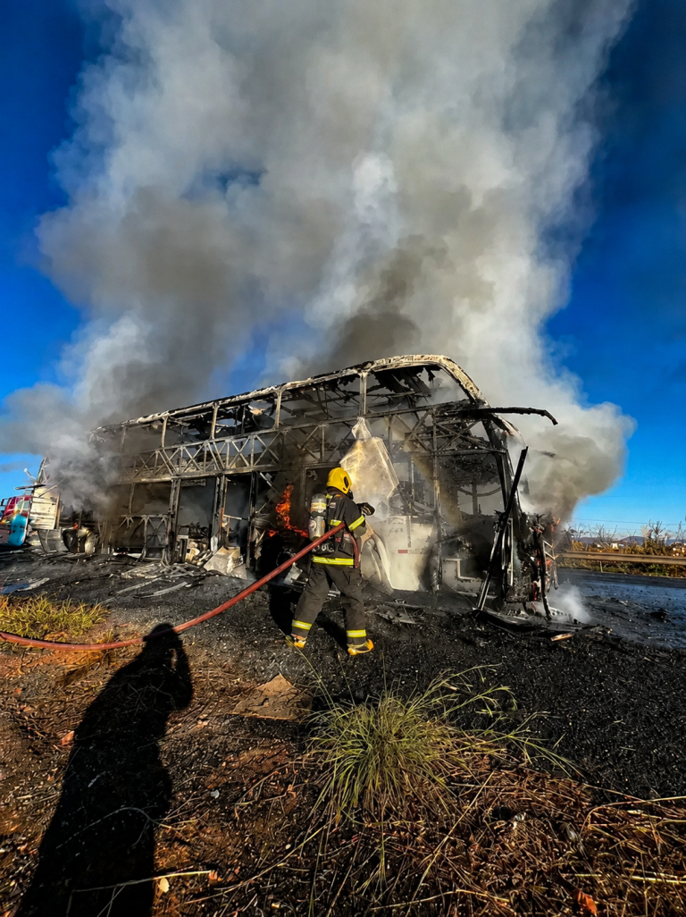 Ônibus com 65 passageiros pega fogo em rodovia