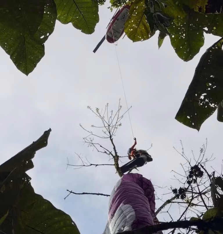Homem é resgatado de helicóptero após cair de parapente em árvore em SC