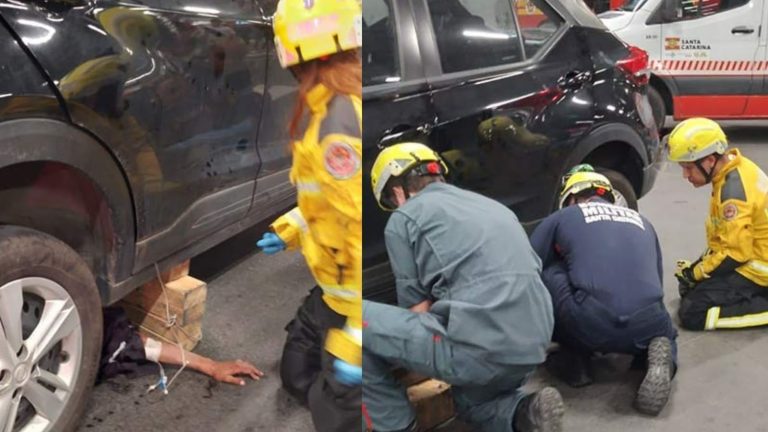 Homem é atropelado e fica preso sob carro em estacionamento em Blumenau