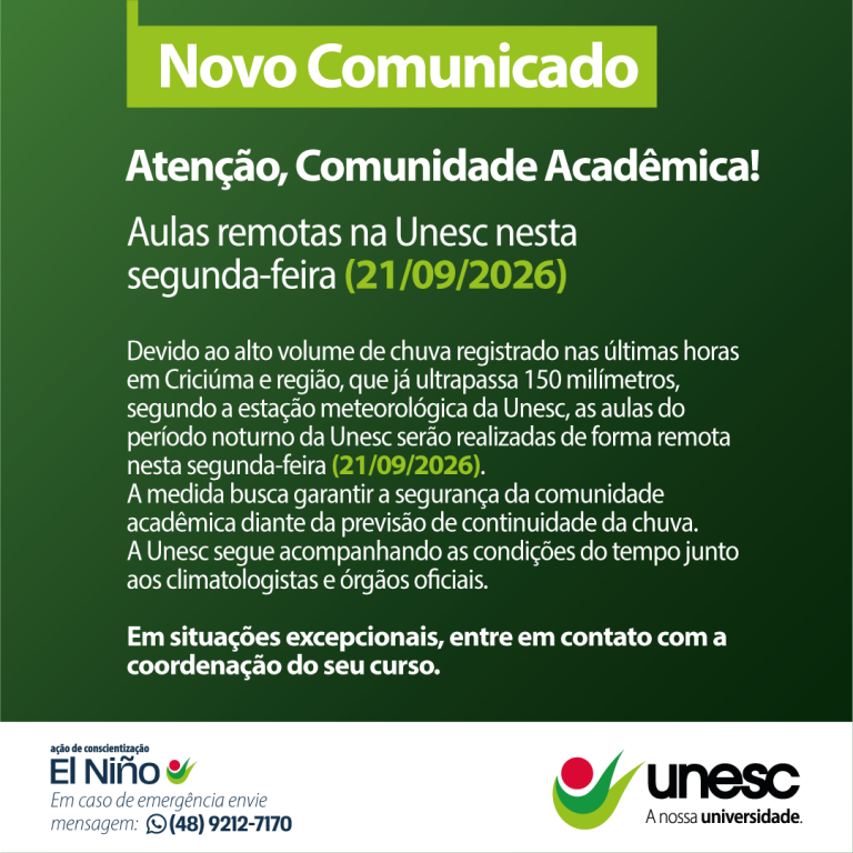 Unesc suspende aulas presenciais nesta segunda-feira, dia 21