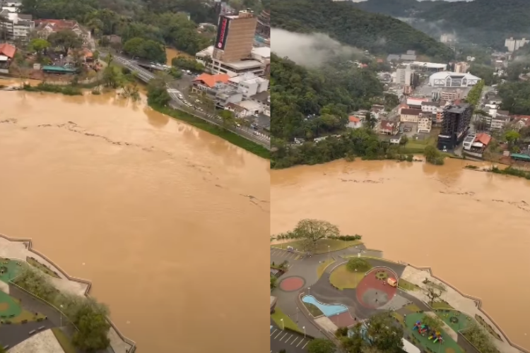 Rio chega a 7,48m e atinge primeira cota de alagamento em Blumenau