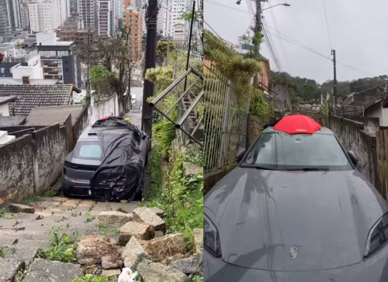 Porsche fica preso em escadaria e motorista abandona carro de luxo em SC